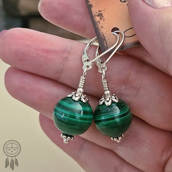Green Malachite Earrings Sterling Silver Genuine Gemstone - Picture 3 of 14